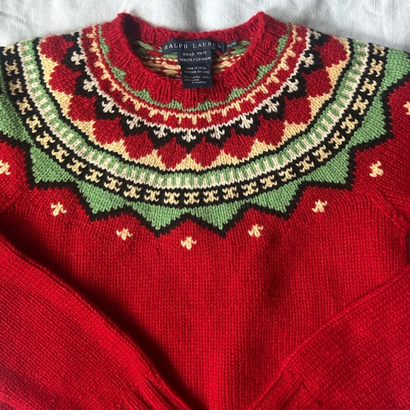 Ralph Lauren MED Red/Green hand knit Fair Isle 100% lambs wool Sweater - Picture 2 of 11